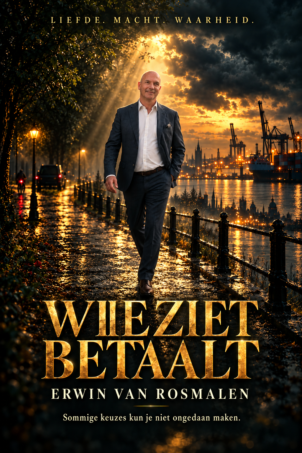Erwin van Rosmalen op een filmische poster van Wie ziet betaalt, met een haven, een natte brug en gouden licht.