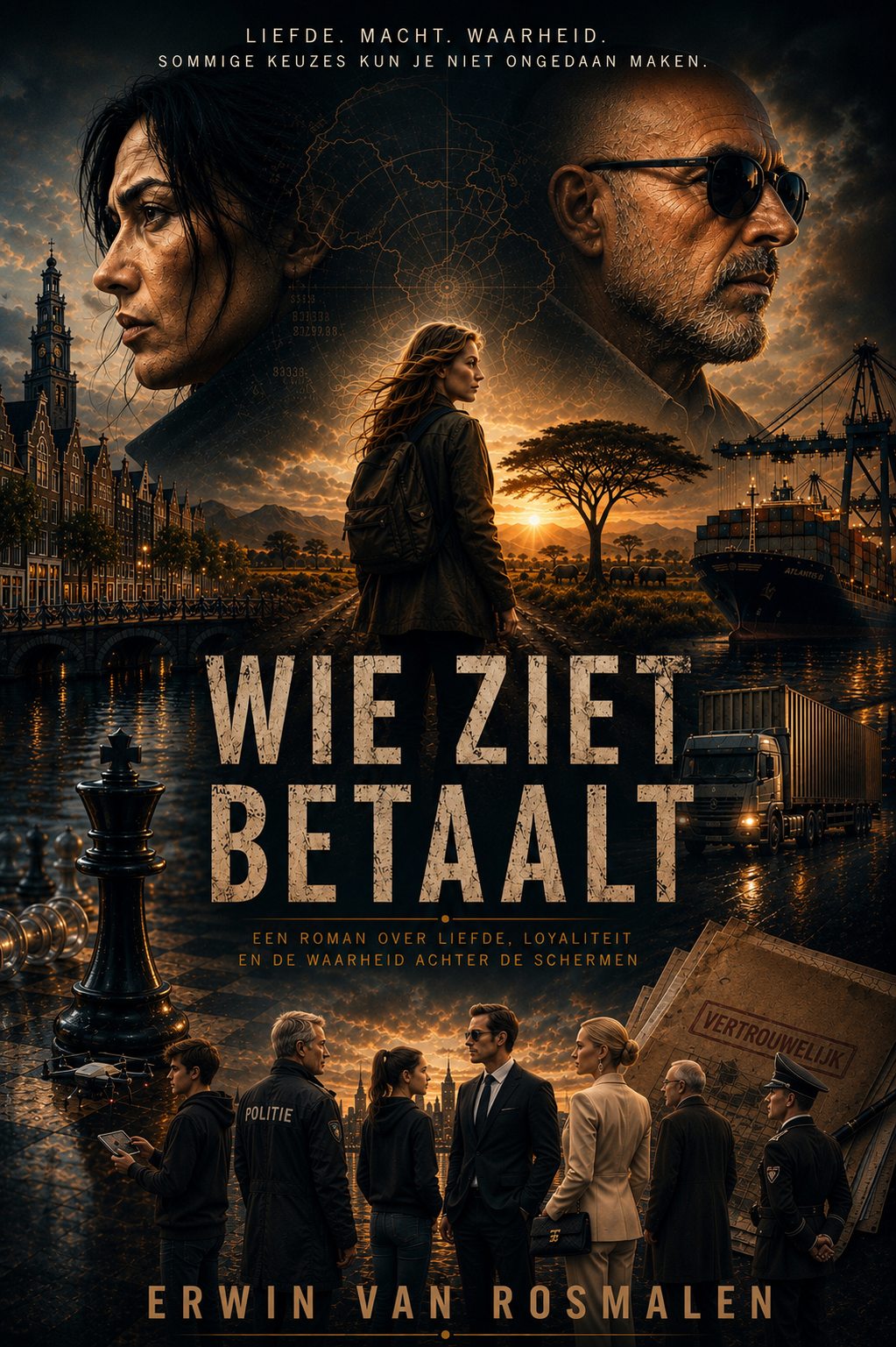 Omslag van Wie ziet betaalt van Erwin van Rosmalen: personages, Amsterdam, de haven en een Keniaans landschap in donkere goudtinten.